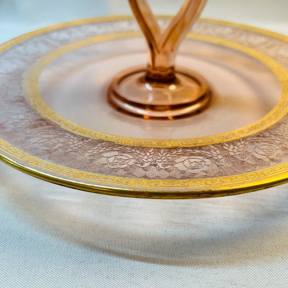 Glastonbury Vintage Pink Glass Center Handle Tidbit Tray Gold Gilt Regency Style - Picture 6 of 8
